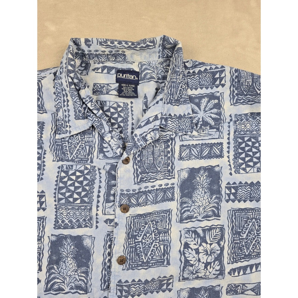 Puritan Hawaiian Shirt Mens XL Blue Tropical‎ Pineapple Tribal Print Cotton Y2K